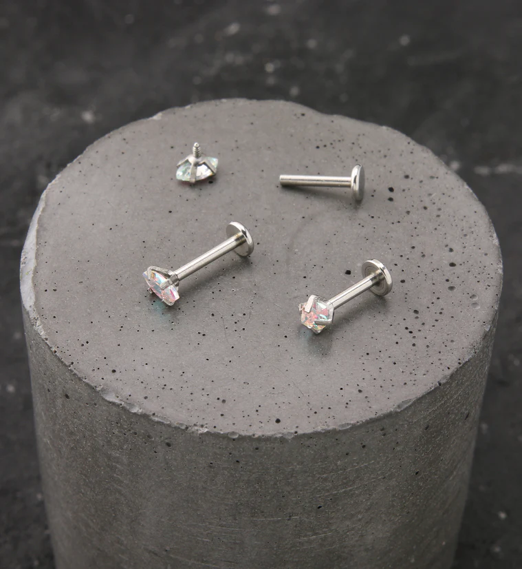 Rainbow Aurora Prong Oval CZ Stainless Steel Internally Threaded Labret - Mrs Treak