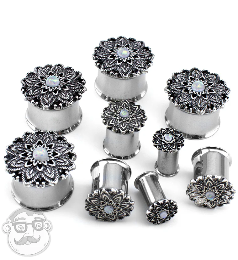 Silver Mandala Flower With Opalite Inlay Steel Plugs - Mrs Treak