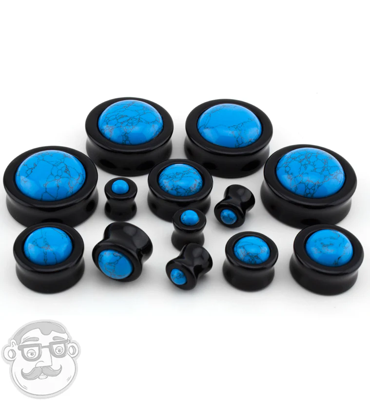 Obsidian Stone Plugs with Turquoise Howlite Stone Inlay - Mrs Treak