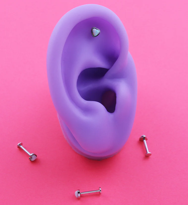 14kt White Gold Heart White Opalite Threadless Labret - Mrs Treak