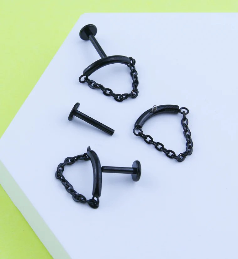 Black PVD Curved Bar Dangle Chain Titanium Internally Threaded Labret - Mrs Treak