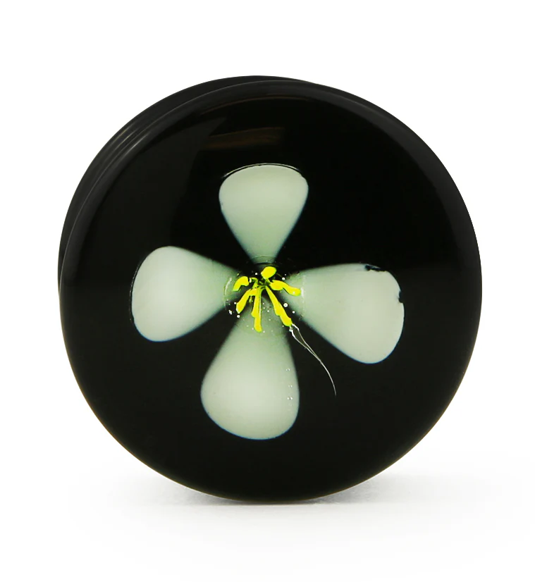 White Poppy Flower Black Glass Double Flare Plugs - Mrs Treak