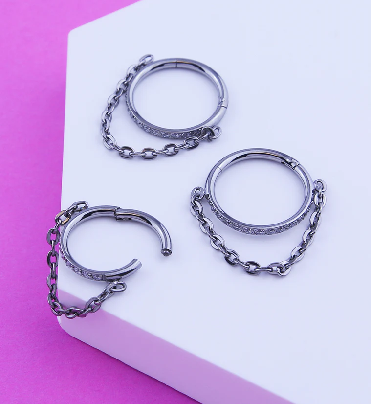 Side Facing Clear CZ Row Dangle Chain Hinged Segment Ring - Mrs Treak