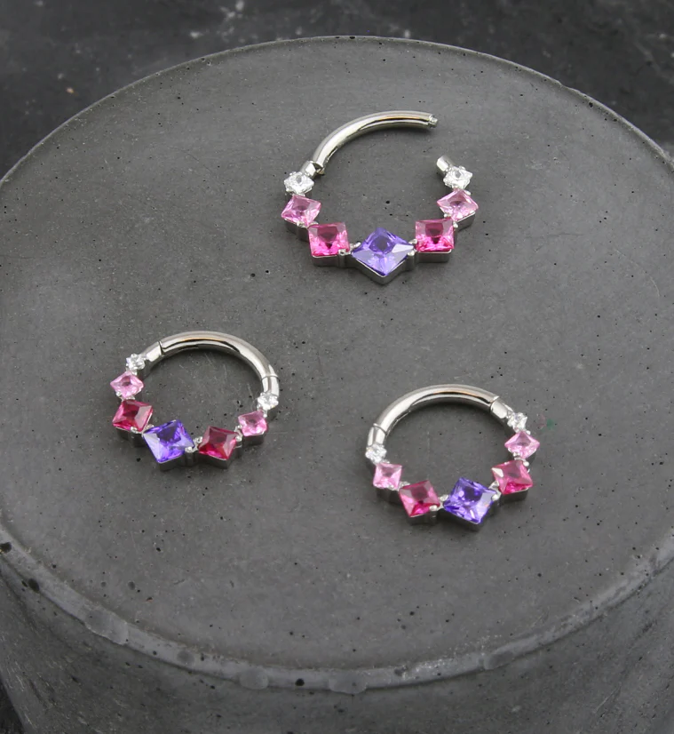 Rhombus Row Berry CZ Titanium Hinged Segment Ring - Mrs Treak