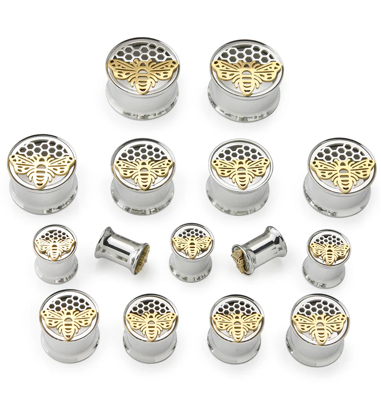 Honeycomb Bee Stainless Steel Double Flare Tunnel Plugs - Mrs Treak