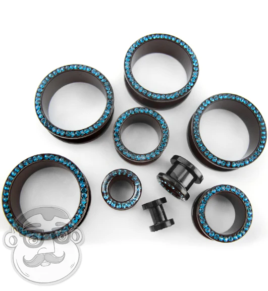 Aqua CZ Rim Black PVD Stainless Steel Tunnels - Mrs Treak