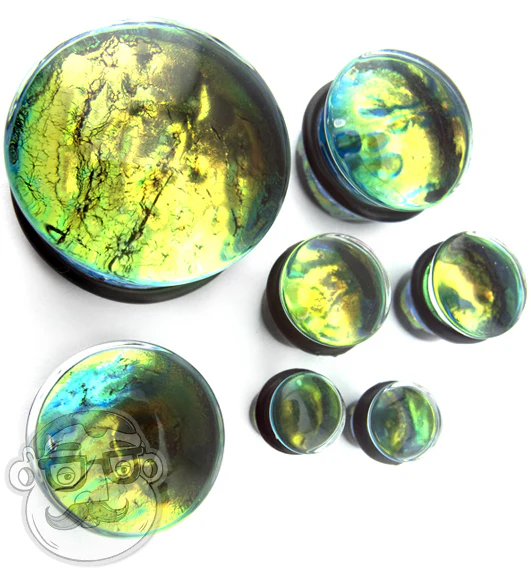 Green Dichroic Glass Plugs - Single Flare - Mrs Treak
