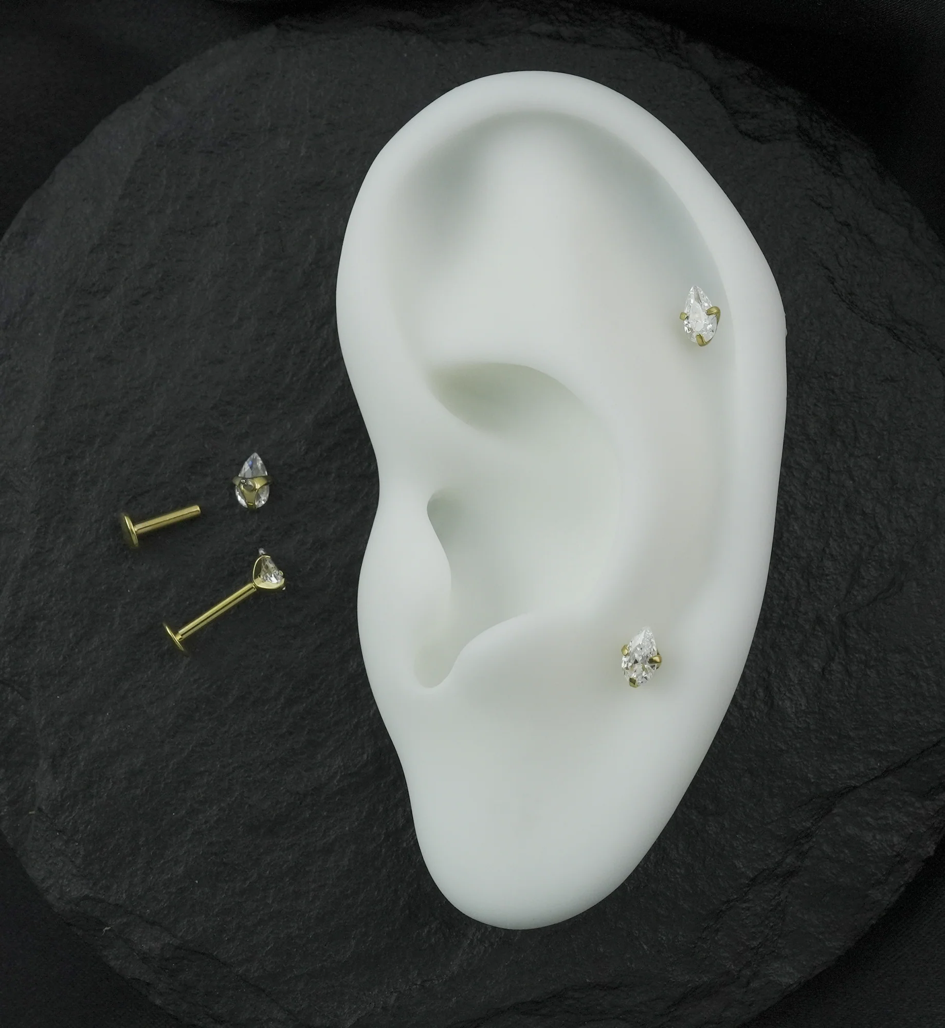 Gold PVD Prong Teardrop Clear CZ Internally Threaded Titanium Convex Back Labret - Mrs Treak