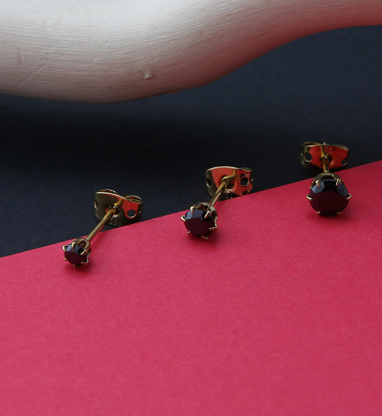 24kt Gold PVD Black CZ Prong Titanium Earrings - Mrs Treak