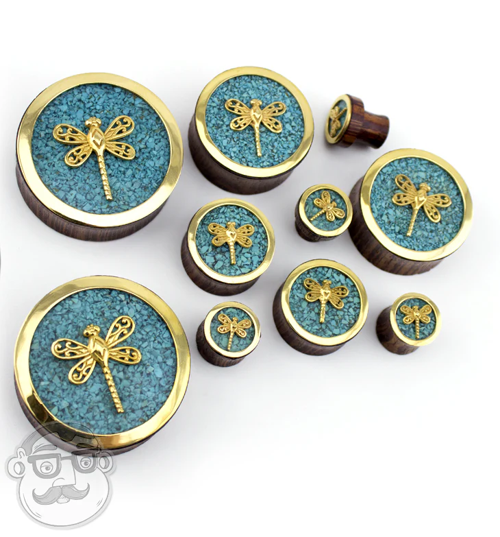 Brass Dragonfly Wood Plugs With Teal Stone Inlay - Mrs Treak