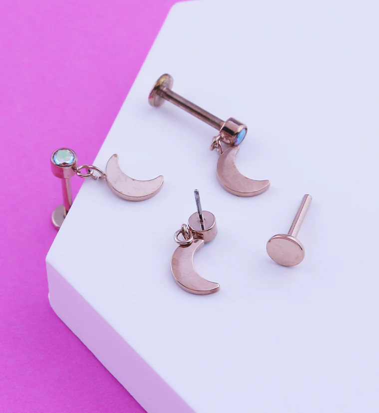 Rose Gold PVD Half Moon Dangle Rainbow Aurora CZ Titanium Threadless Labret - Mrs Treak
