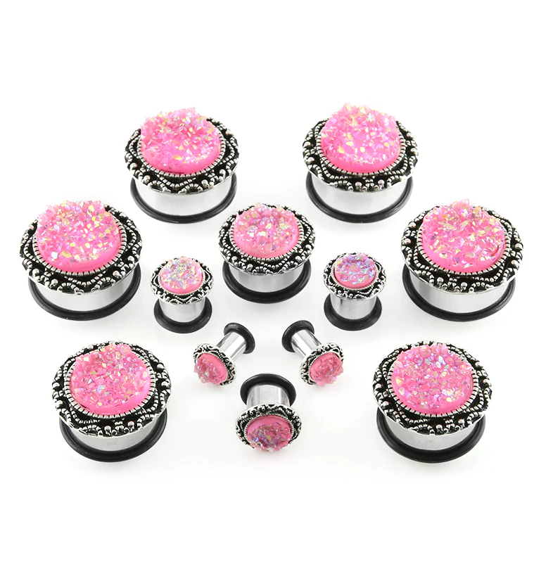 Silver Frame Pink Druzy Stone Inlay Steel Plugs - Mrs Treak