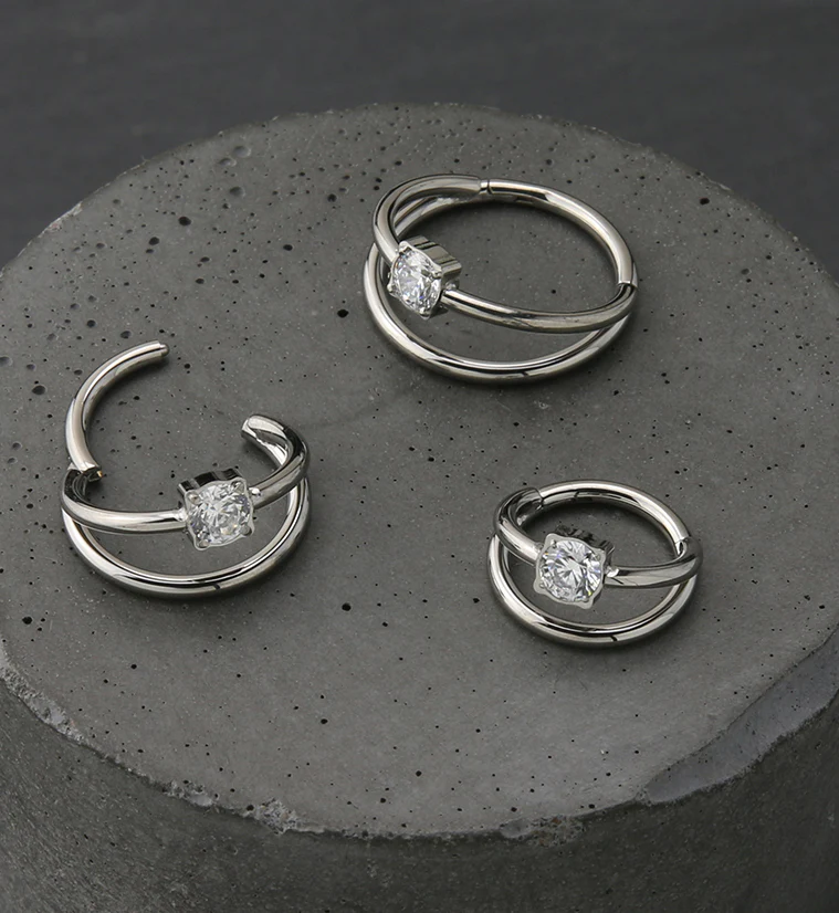 Double Bar Clear CZ Titanium Hinged Segment Ring - Mrs Treak