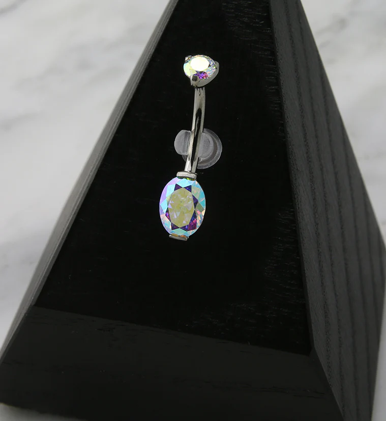 Rainbow Aurora Oval CZ Titanium Belly Button Ring - Mrs Treak