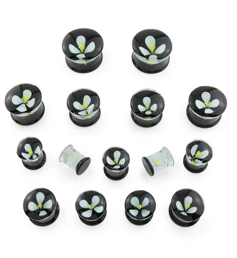 White Poppy Flower Black Glass Double Flare Plugs - Mrs Treak