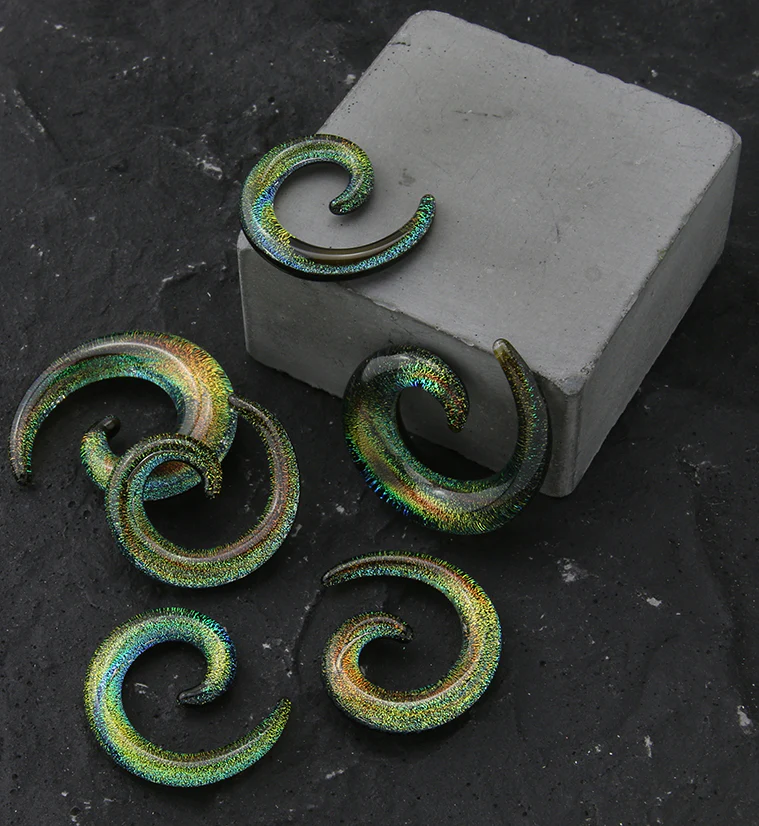 Golden Green Dichroic Glass Spirals - Mrs Treak