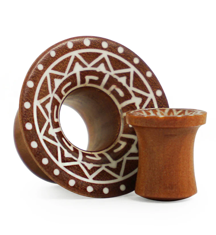 Saba Wood Mayan Flare Tunnels With Tribal Inlay - Mrs Treak