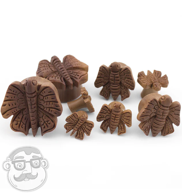 Carved Butterfly Saba Wood Plugs - Mrs Treak