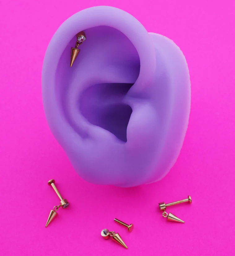 Gold PVD Dangle Cone Clear CZ Internally Threaded Titanium Labret - Mrs Treak