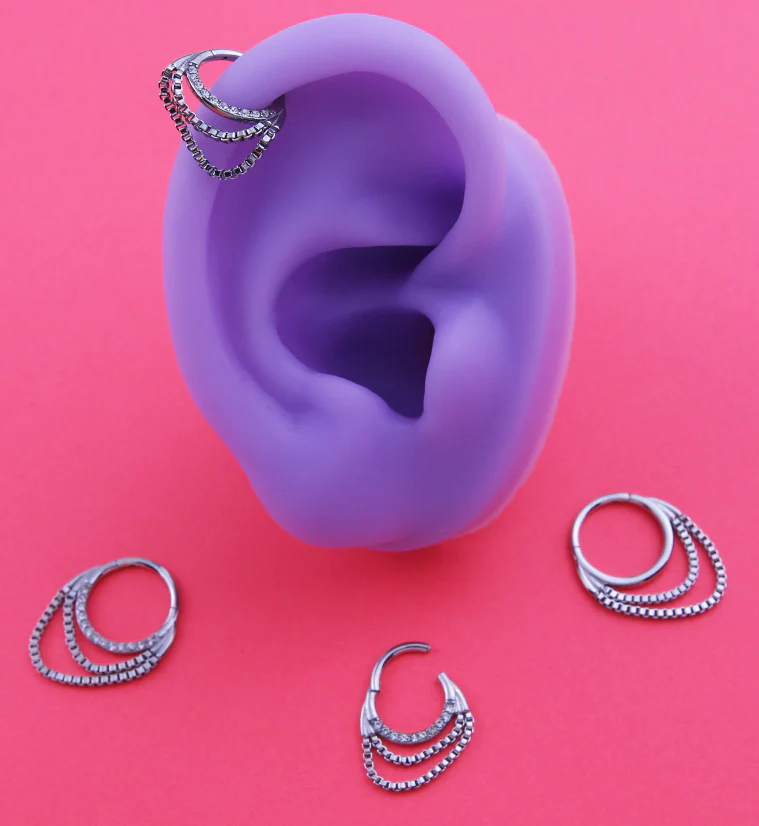 Double Box Chain Dangle Clear CZ Stainless Steel Hinged Segment Ring - Mrs Treak