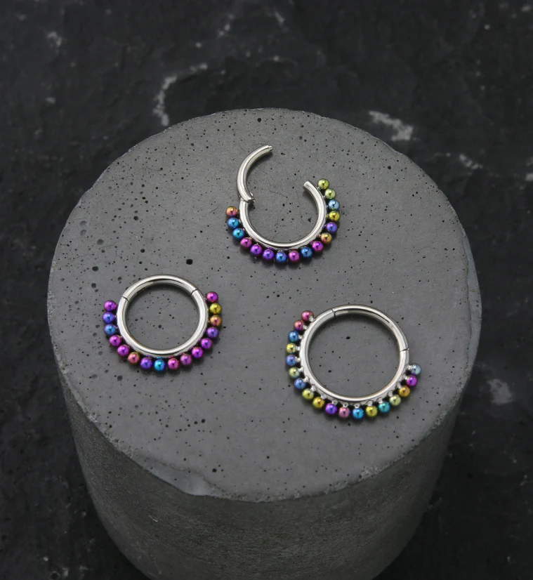 Rainbow Anodized Bead Titanium Hinged Segment Ring - Mrs Treak