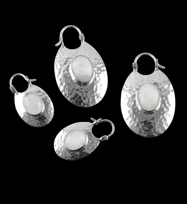 Oviform Hammered Silver Moonstone Hangers - Earrings - Mrs Treak