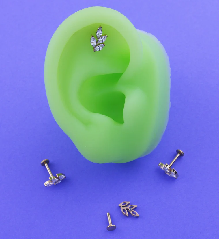 Gold PVD Leaf Marquise Clear CZ Titanium Internally Threaded Labret - Mrs Treak