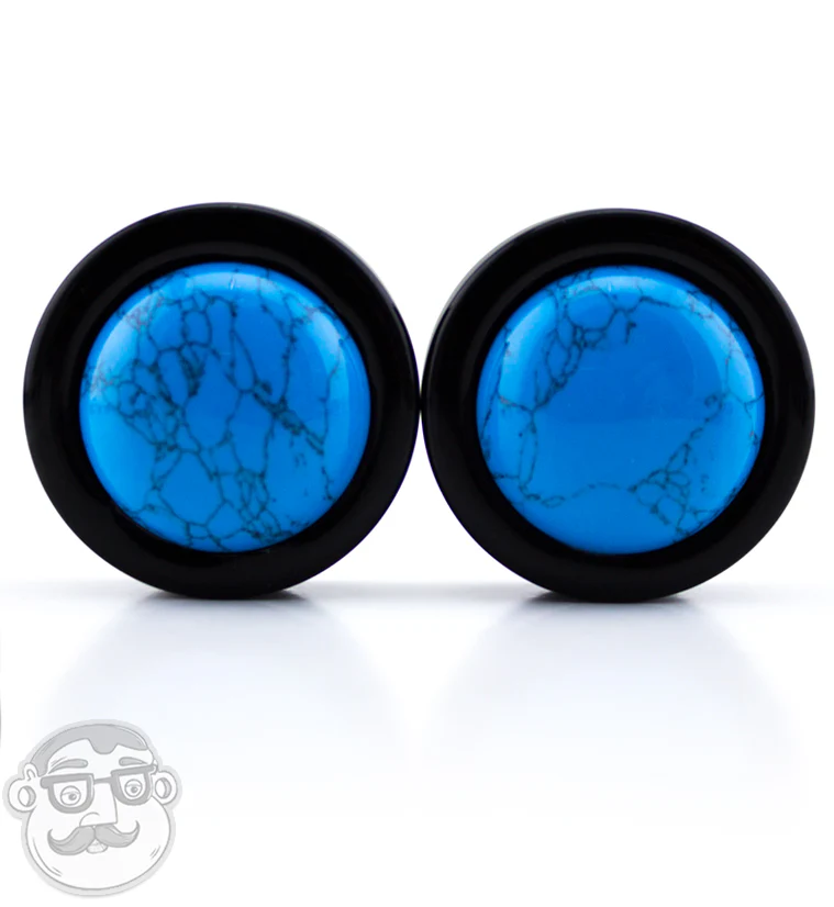 Obsidian Stone Plugs with Turquoise Howlite Stone Inlay - Mrs Treak