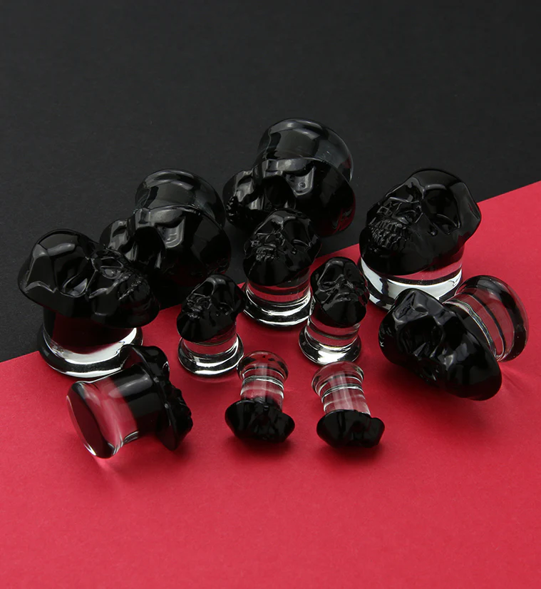 Black Skull Double Flare Glass Plugs - Mrs Treak