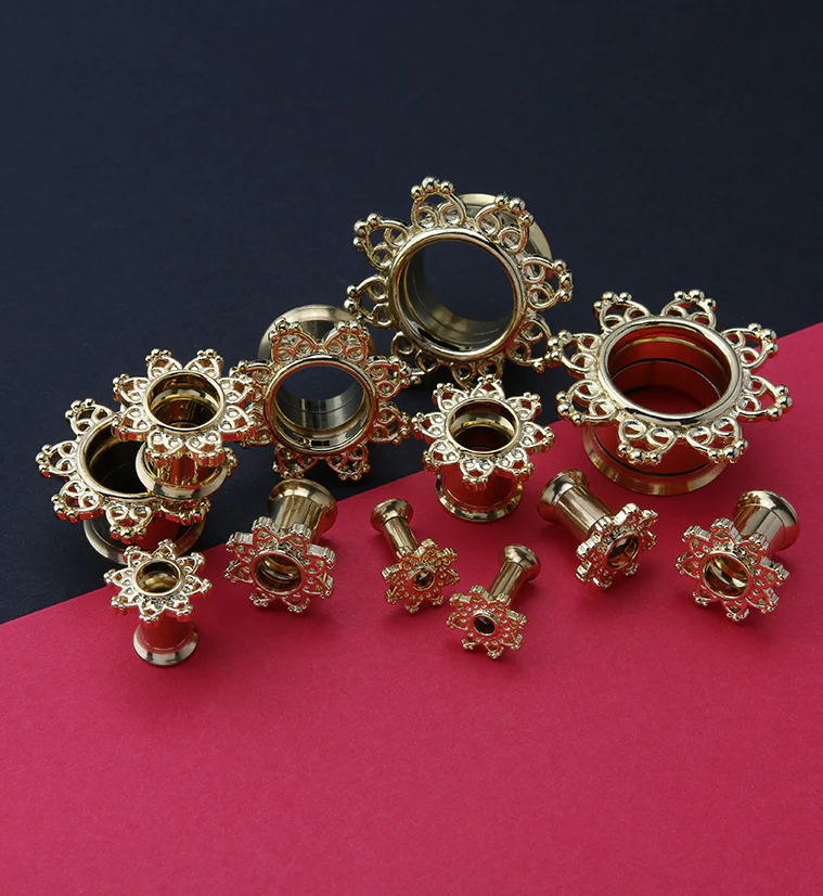 Golden Interlace Rim Stainless Steel Tunnel Plugs - Mrs Treak