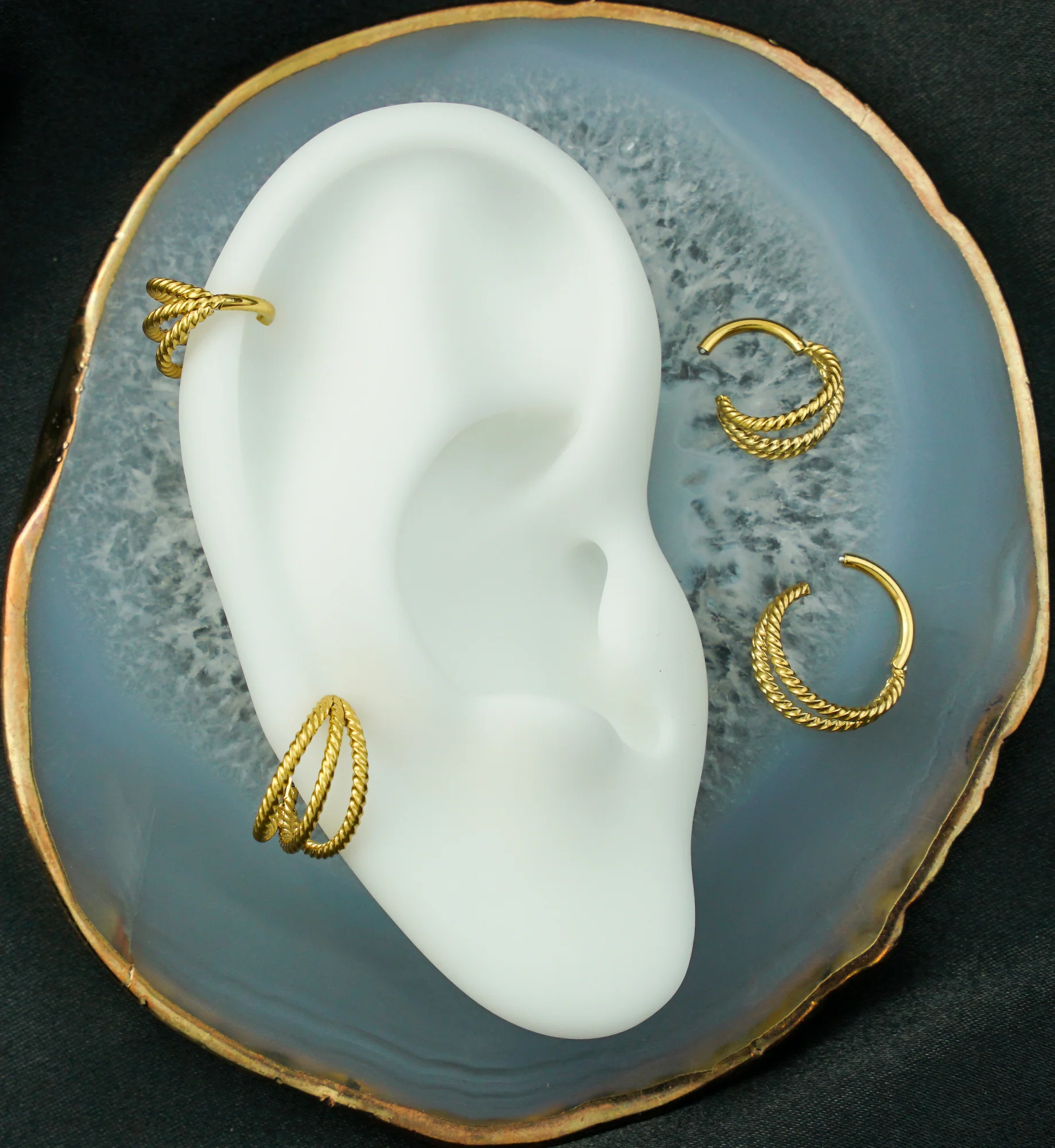 Gold PVD Triple Twist Row Stainless Steel Hinged Segment Ring - Mrs Treak