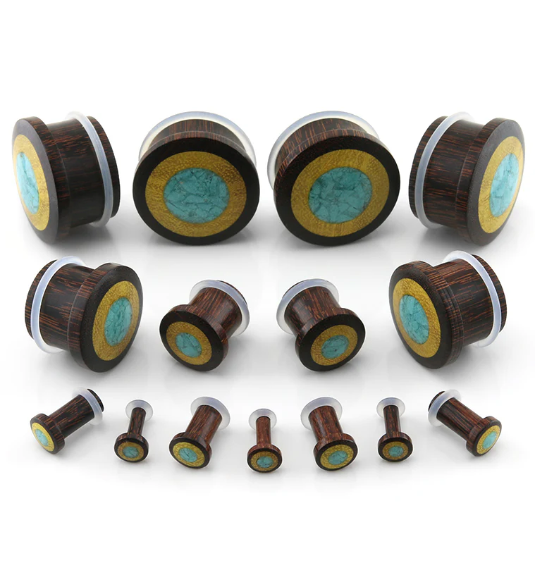 Single Flare Dark Tamarind Wood Plugs with Jackfruit & Turquoise Inlay - Mrs Treak