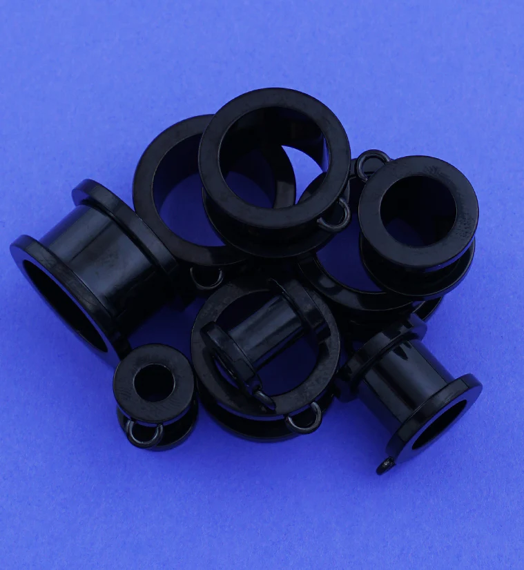 Black PVD Jump Ring Stainless Steel Screw Back Tunnel Plugs - Mrs Treak
