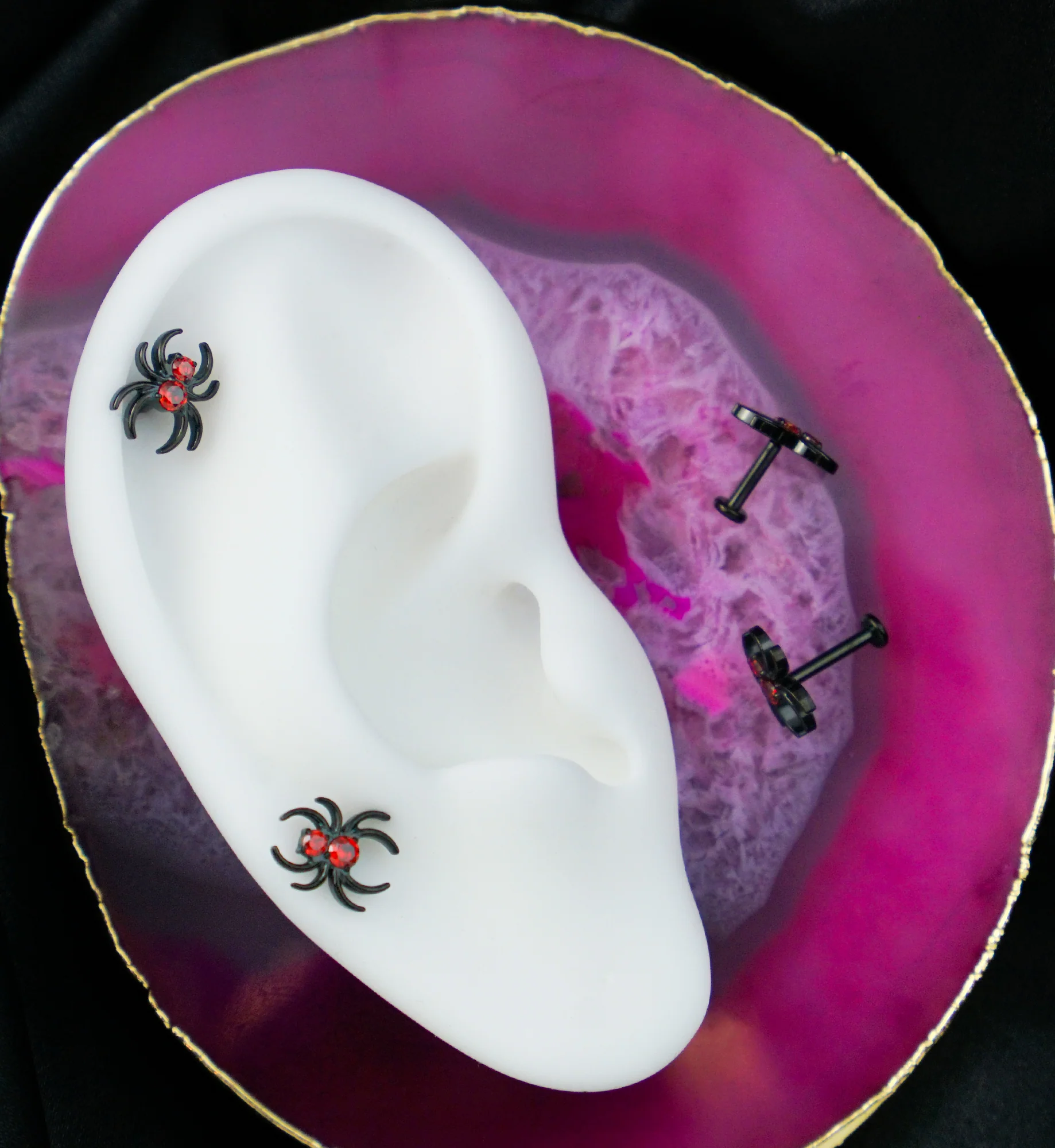 Black PVD Spider Red CZ Titanium Threadless Labret - Mrs Treak