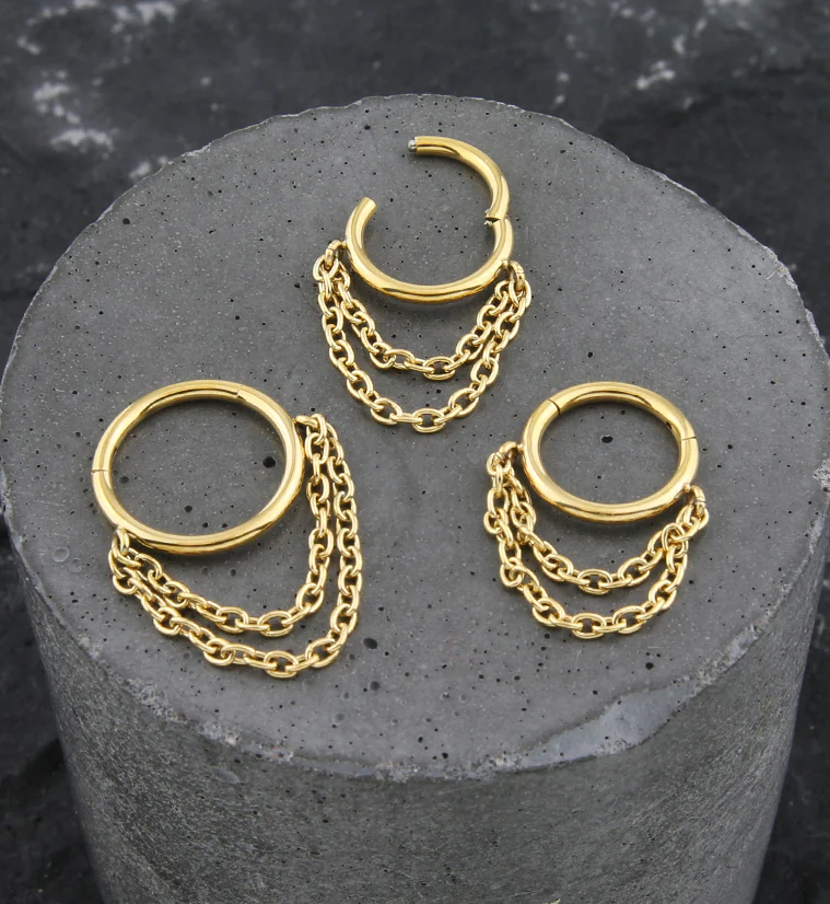 Gold PVD Double Dangle Chain Stainless Steel Hinged Segment Ring - Mrs Treak