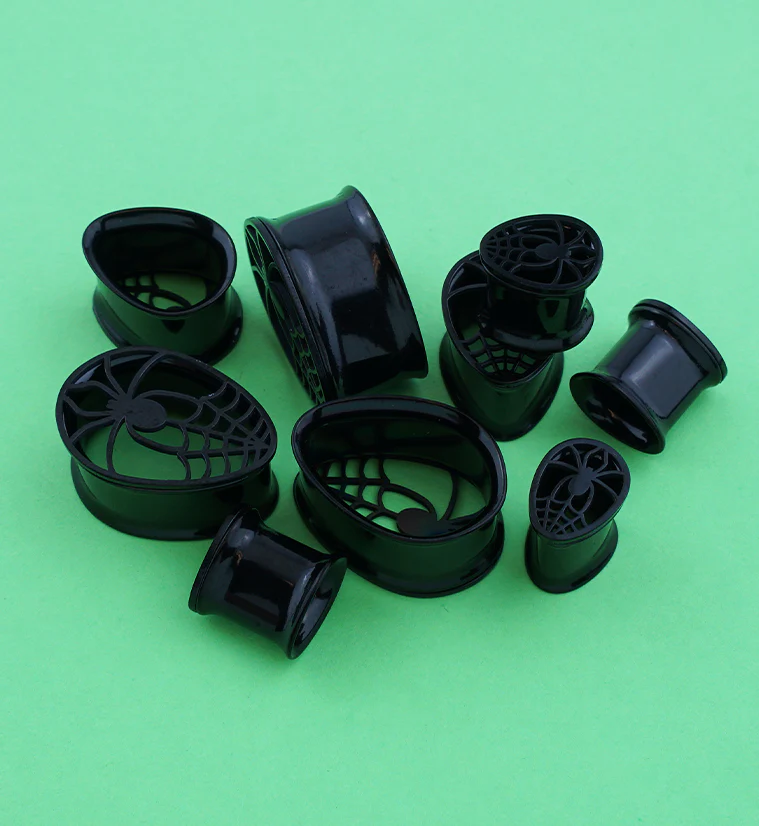 Black PVD Teardrop Spider Web Cutout Tunnels - Mrs Treak