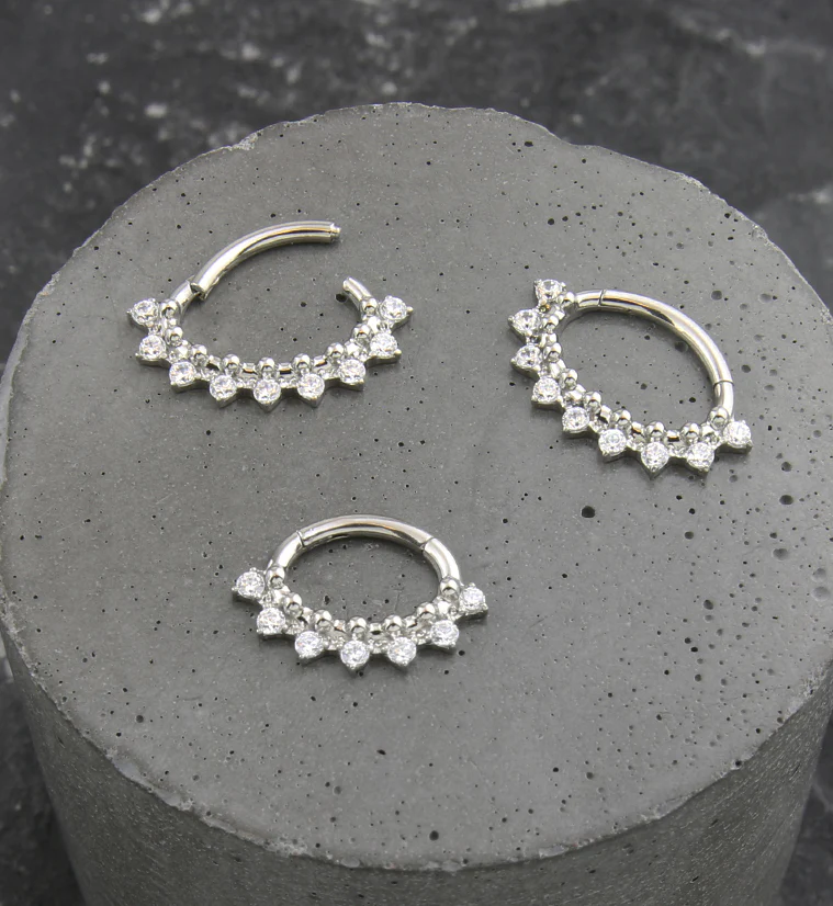 Beaded Clear CZ Titanium Oval Hinged Segment Ring - Mrs Treak