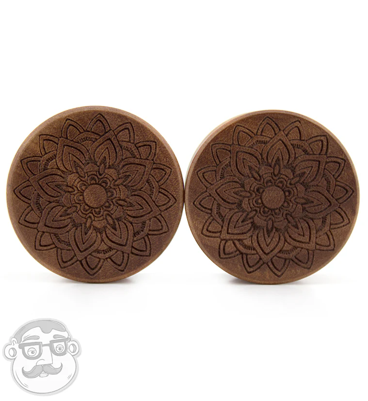 Mandala Flower Engraved Saba Wood Plugs - Mrs Treak