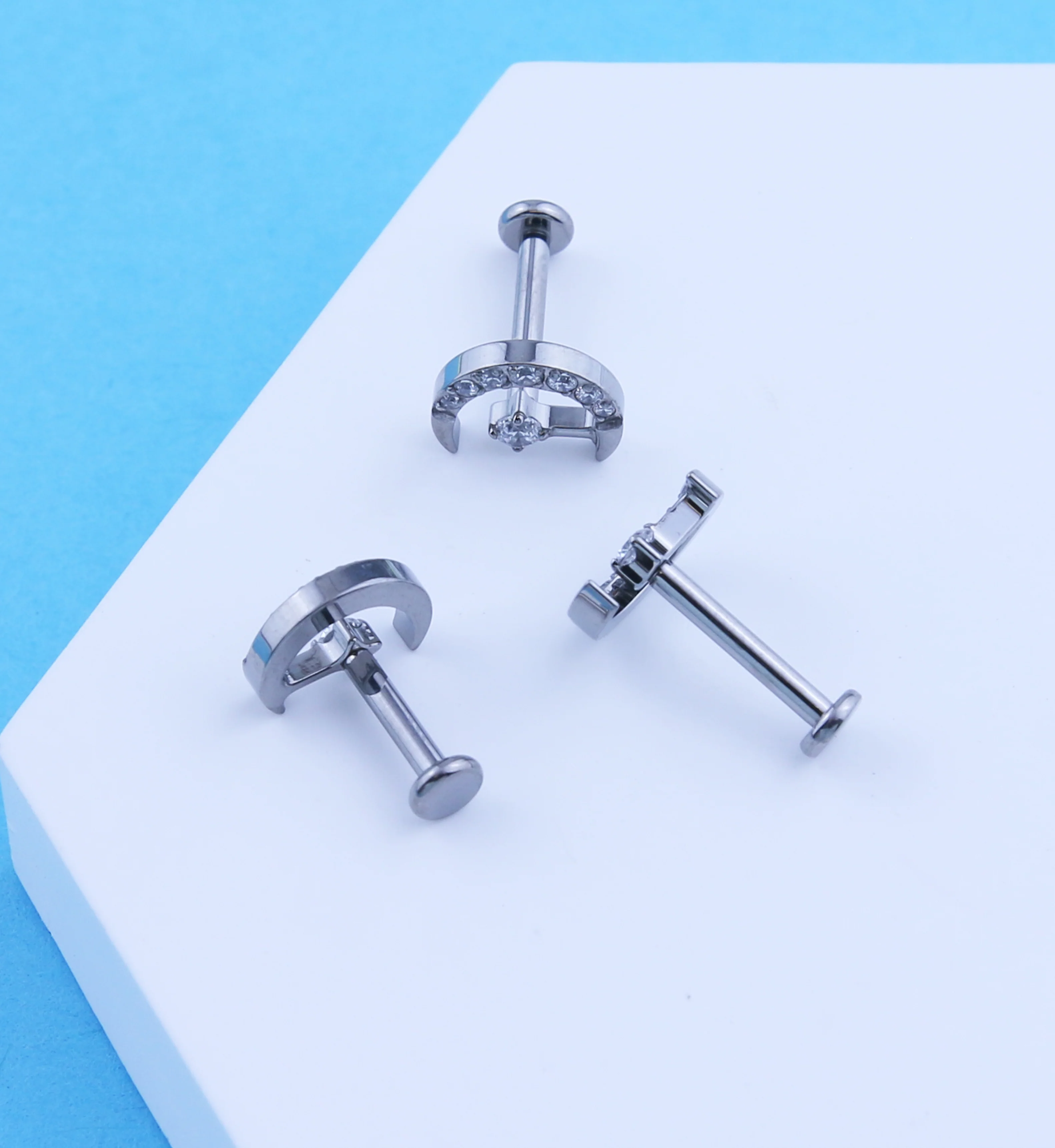 Half Moon Clear CZ Drop Internally Threaded Titanium Labret - Mrs Treak