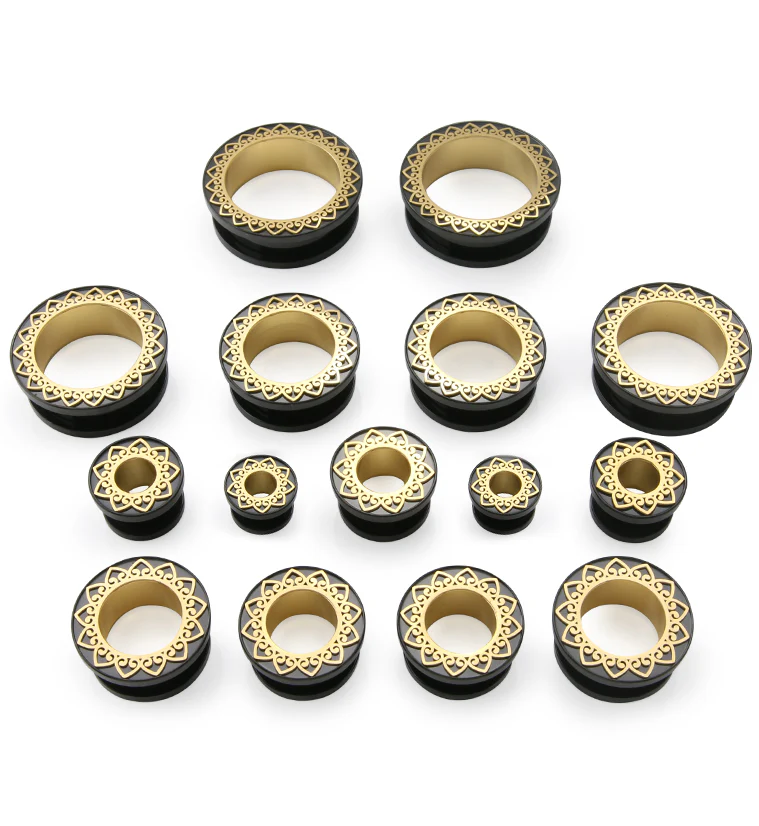 Black PVD Brass Filigree Stainless Steel Tunnel Plugs - Mrs Treak