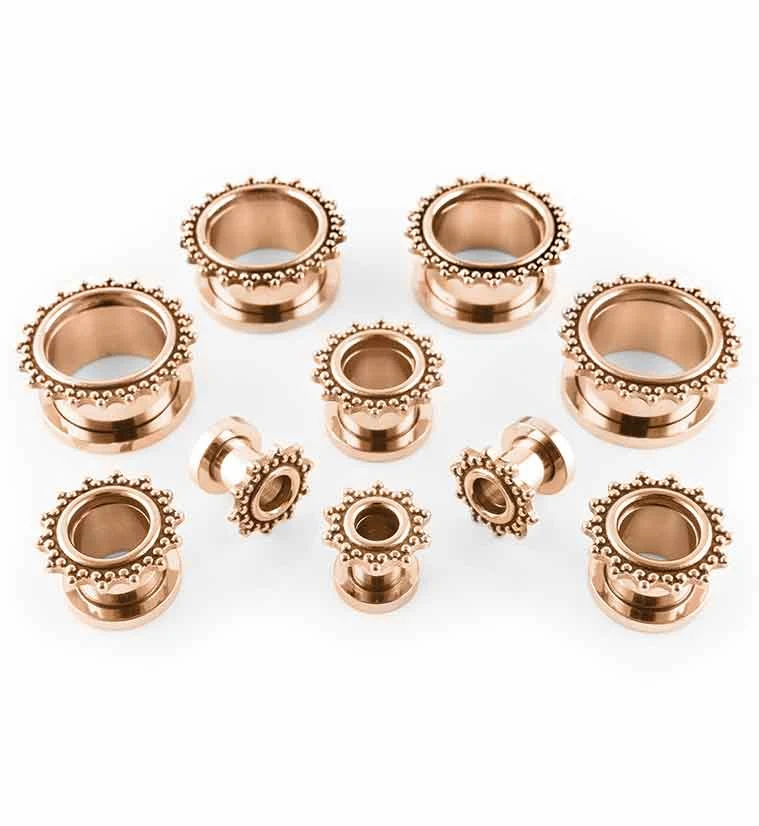 Rose Gold PVD Triple Beaded Rim Stainless Steel Tunnels - Mrs Treak