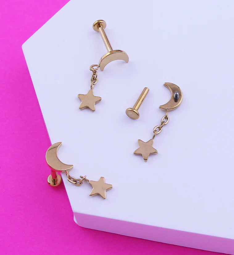 Gold PVD Half Moon Dangle Star Internally Threaded Titanium Labret - Mrs Treak