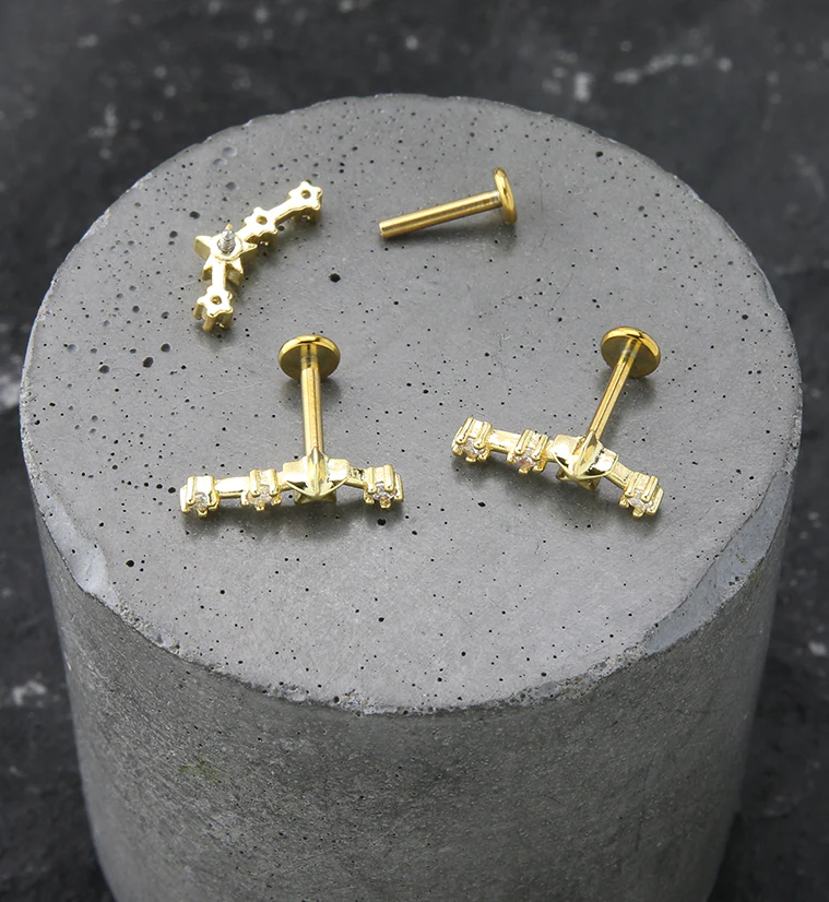 Gold PVD Aries Constellation Clear CZ Stainless Steel Internally Threaded Labret - Mrs Treak