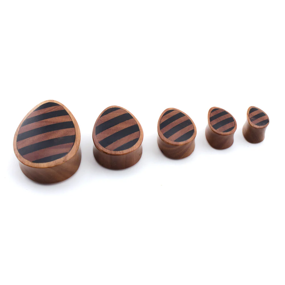 Saba Wooden Teardrop Plugs With Striped Inlay - Mrs Treak