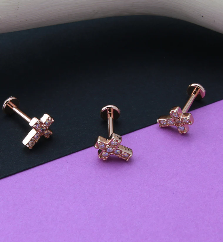 Rose Gold PVD Cross Aura CZ Gem Labret Post - Mrs Treak
