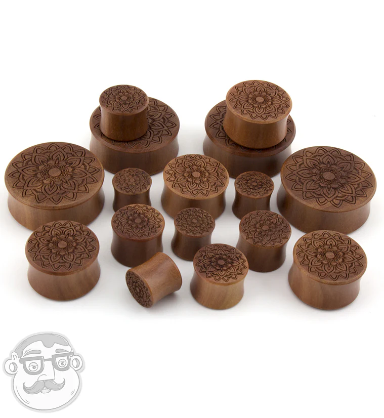 Mandala Flower Engraved Saba Wood Plugs - Mrs Treak