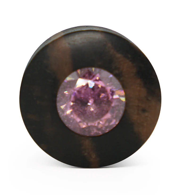 Areng Wood Plugs With Pink CZ Gem Inlay - Mrs Treak