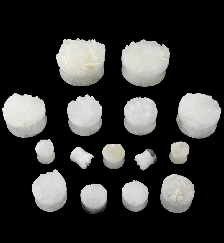 Raw White Agate Druzy Stone Plugs - Mrs Treak