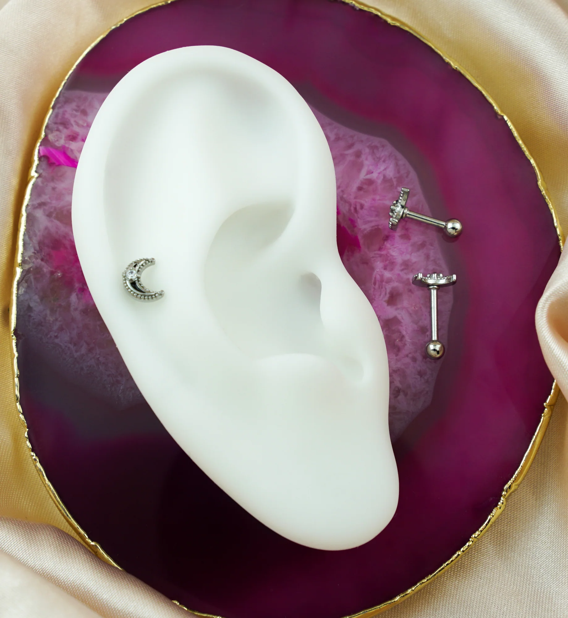 Beaded Half Moon Clear CZ Cartilage Barbell - Mrs Treak