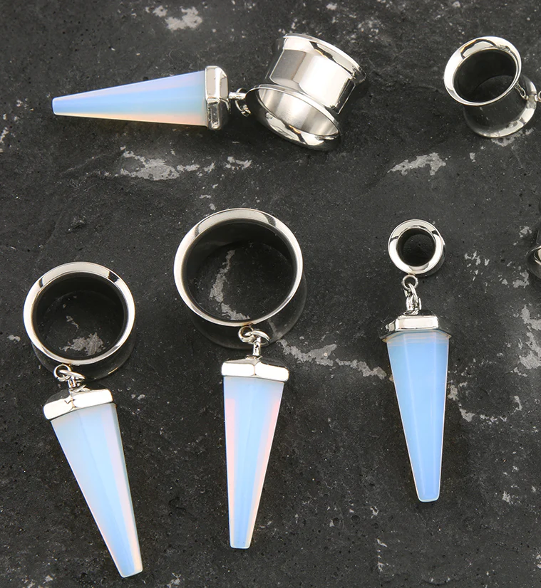 White Opalite Cone Crystal Dangle Stainless Steel Tunnel Plugs - Mrs Treak